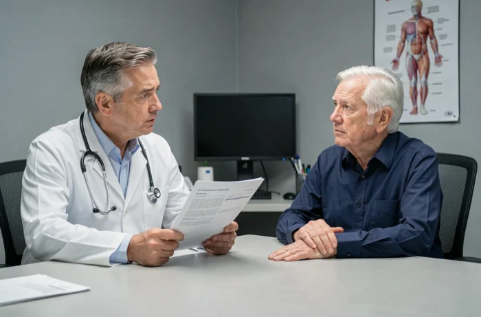 Médecin conseillant un patient âgé sur les risques des compléments alimentaires en cas d'hypertension ou de diabète