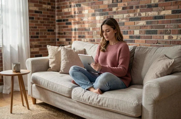 Femme consultant les pages d'un blog créatif sur une tablette depuis son salon décoré avec goût