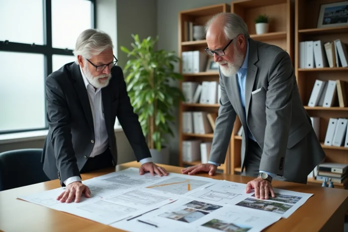 Architecte et propriétaire consultant un rapport d'expertise en bâtiment avec devis et plans