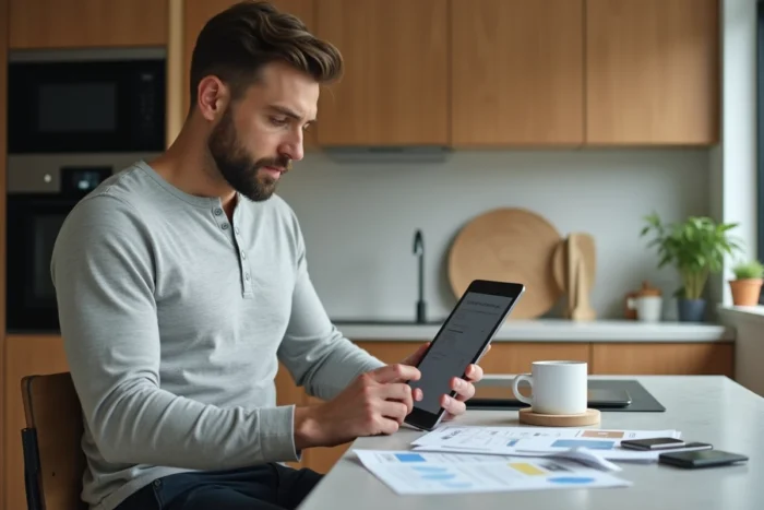 Homme consultant le site de contact d'une entreprise de construction sur tablette depuis son domicile en rénovation