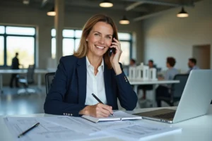 Femme professionnelle en contact téléphonique avec une équipe dédiée aux projets de construction dans un bureau moderne