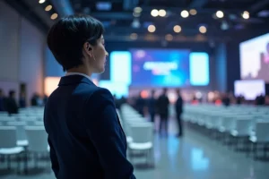 Coordinatrice d'événements professionnelle supervisant la mise en place d'une grande conférence dans un centre de congrès moderne