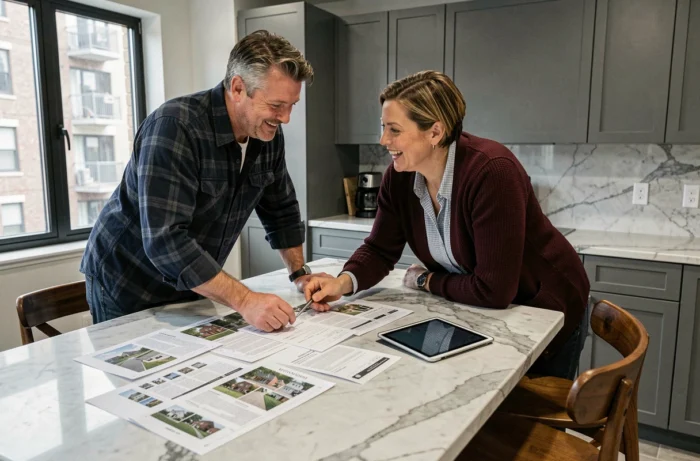 Couple examinant des annonces immobilières imprimées dans une cuisine moderne