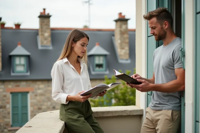 Couple détendu sur un balcon parisien avec vue sur les toits et pots d'herbes aromatiques