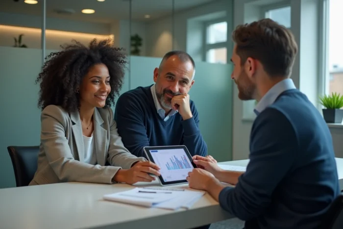 Couple en rendez-vous avec un conseiller Crédit Mutuel pour discuter du remboursement anticipé de leur prêt modulimmo