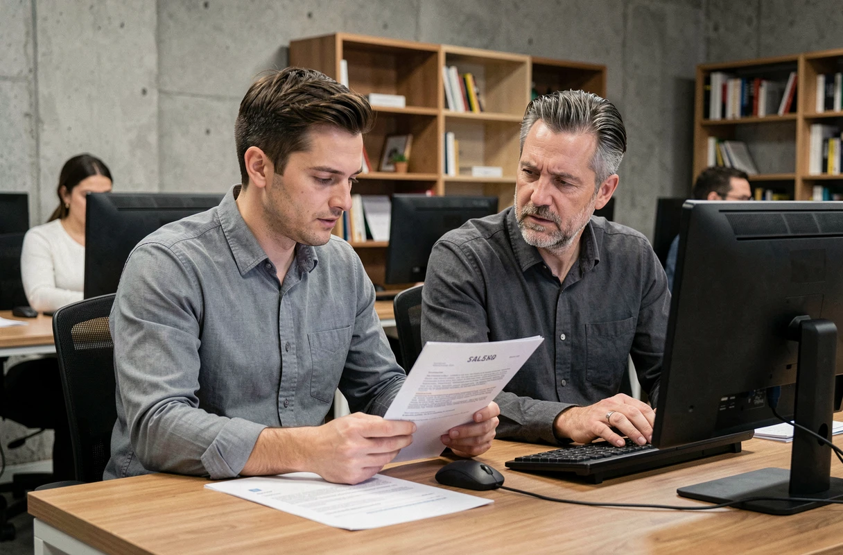 Couple en espace de coworking examinant un contrat de crédit Cetelem et envoyant un email de contact depuis un ordinateur de bureau