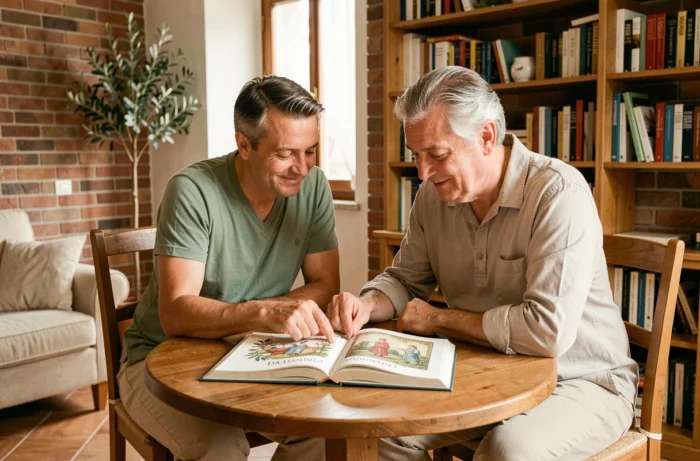 Couple italien parcourant ensemble un livre de prénoms italiens d'inspiration biblique dans un appartement chaleureux