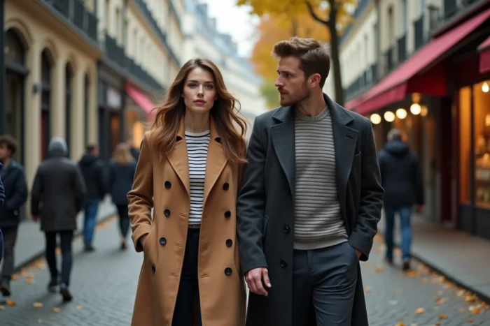 Couple se promenant sur un pavé parisien en automne vêtus de manteaux élégants