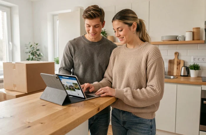 Jeune couple recherchant des annonces immobilières sur une tablette dans leur appartement
