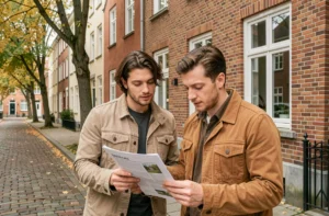 Couple consultant une annonce immobilière devant une maison en briques belge dans une rue résidentielle de Gand en automne