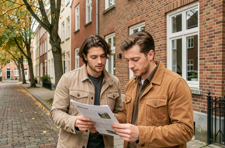 Couple consultant une annonce immobilière devant une maison en briques belge dans une rue résidentielle de Gand en automne