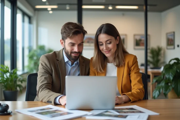 Couple consultant des annonces immobilières dans une agence moderne, représentant la recherche de biens via des sites immo partenaires comme Immo Franchise