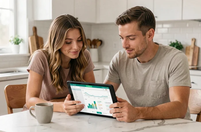 Couple consultant leurs services bancaires en ligne sur une tablette dans une cuisine moderne