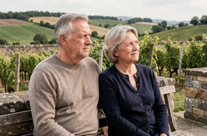 Couple mature assis sur une terrasse en pierre face à un vignoble français, moment de complicité sereine