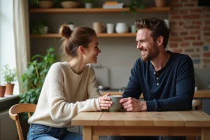 Couple partageant un moment intime dans une cuisine parisienne moderne avec briques apparentes et plantes vertes