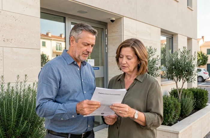 Un couple d'adultes consultant une brochure devant l'entrée d'un EHPAD à Toulon