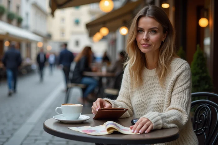Femme suisse à la terrasse d'un café avec un paquet de cigarettes et des francs suisses sur la table