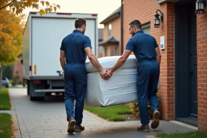 Deux déménageurs professionnels en uniforme portant un canapé emballé à l'entrée d'une maison lors d'un déménagement résidentiel