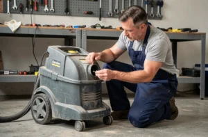 Homme en tablier de travail démontant le boîtier filtre d'un aspirateur Karcher WD4 dans un garage
