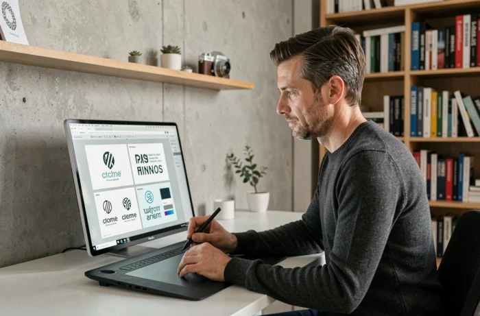 Designer graphique masculin travaillant sur des variations de logo avec une tablette graphique dans un studio home office minimaliste