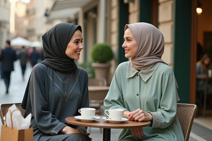 Deux femmes en djilbab contemporain gris et vert sauge discutant à une terrasse de café après une session de shopping