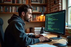 Développeur Linux concentré travaillant sur un terminal dans un bureau à domicile chaleureux entouré de livres techniques