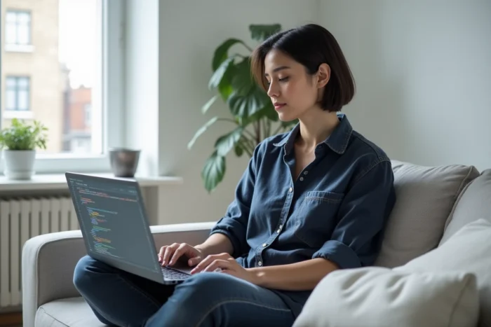 Développeuse web travaillant sur un IDE coloré dans un salon minimaliste de style scandinave avec vue sur la ville