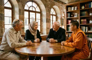 Dialogue interreligieux autour d'une table entre un homme juif, une femme musulmane, un prêtre catholique et un moine bouddhiste