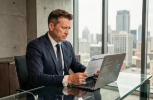 Dirigeant d'entreprise consultant une police d'assurance cyber risques sur son ordinateur portable dans un bureau moderne