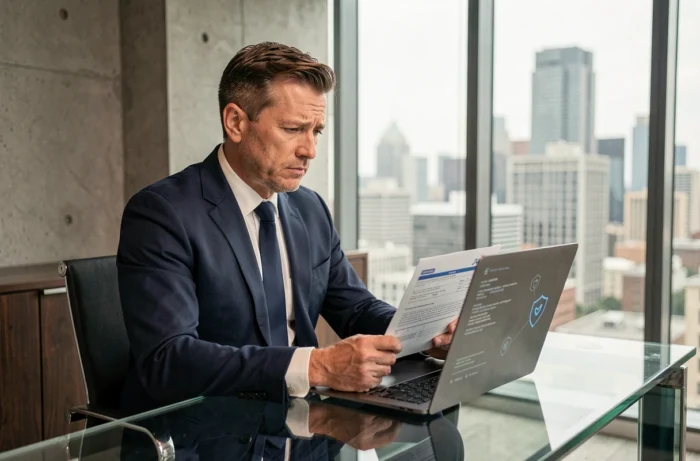 Dirigeant d'entreprise consultant une police d'assurance cyber risques sur son ordinateur portable dans un bureau moderne