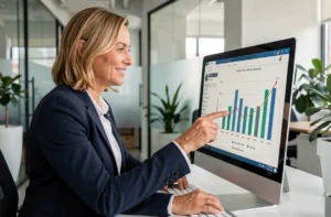 Dirigeante d'entreprise analysant des graphiques de croissance sur un écran dans un bureau moderne