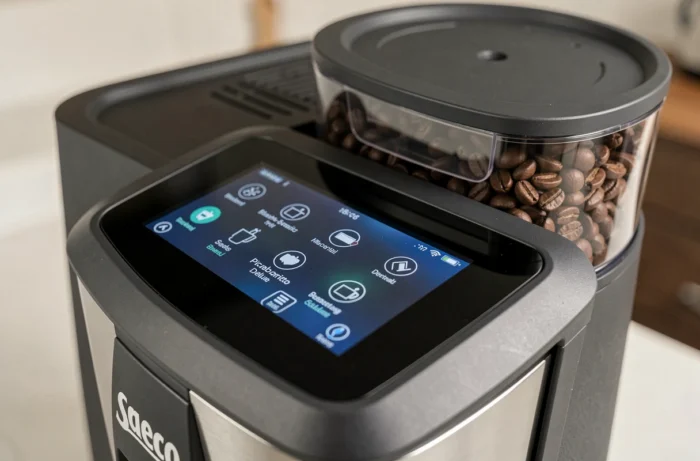 Gros plan sur l'écran tactile et le réservoir à grains de la Saeco Picobaristo Deluxe montrant les options de sélection de boissons
