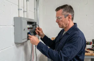 Électricien professionnel inspectant un tableau électrique résidentiel avec un multimètre dans une buanderie moderne