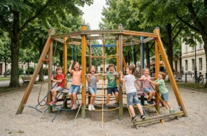 Enfants jouant sur une structure en bois dans un parc de jeux gratuit à Arras