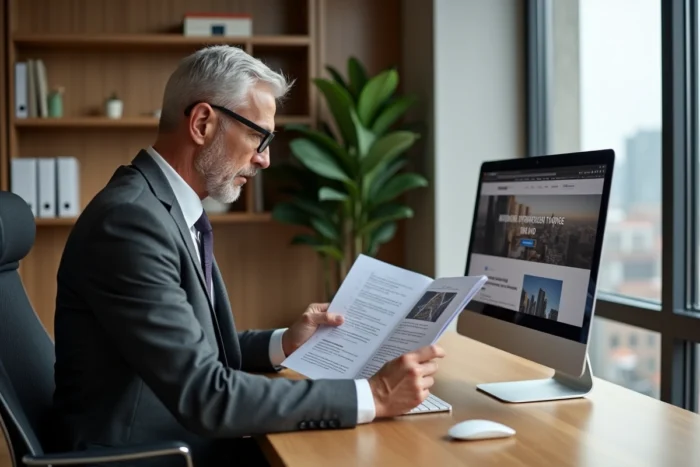 Chef d'entreprise évaluant une proposition d'agence web pour améliorer sa présence en ligne