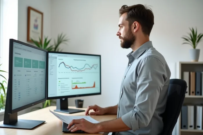 Entrepreneur masculin gérant ses formalités administratives en ligne depuis son bureau avec deux écrans