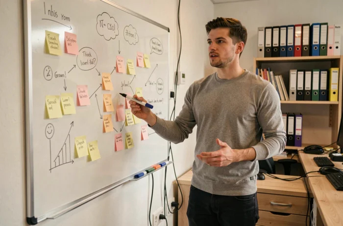 Jeune entrepreneur présentant un plan de croissance sur un tableau blanc dans un bureau de startup