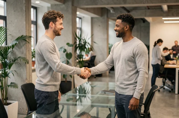 Candidat serrant la main d'un recruteur lors d'un entretien d'embauche dans un espace de coworking moderne