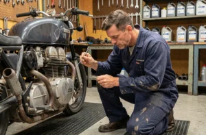 Mécanicien inspectant le moteur 4 temps d'une moto trial dans un atelier, réglage des soupapes avec outillage professionnel