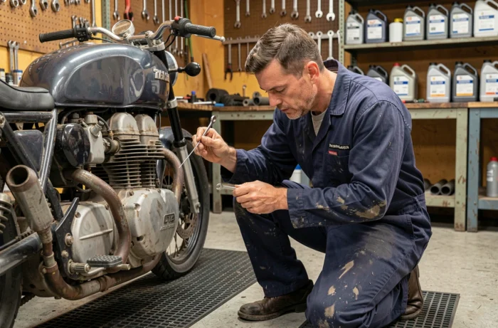 Mécanicien inspectant le moteur 4 temps d'une moto trial dans un atelier, réglage des soupapes avec outillage professionnel