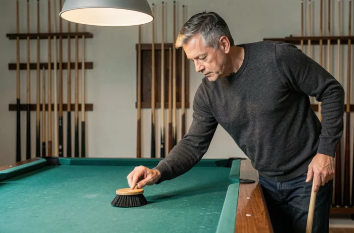 Homme entretenant le tapis d'une table de billard avec une brosse spécialisée dans une salle de jeux à domicile