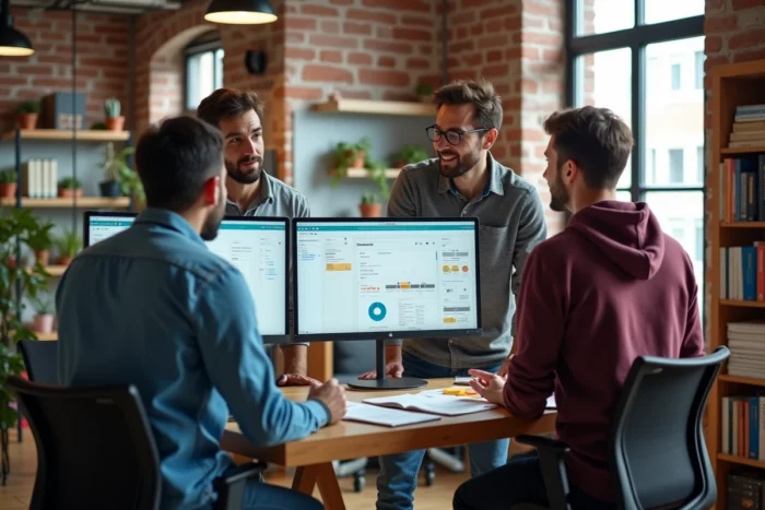 Équipe d'une agence web en session de brainstorming autour d'une stratégie de présence en ligne