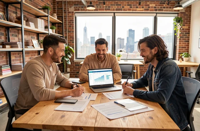 Équipe professionnelle collaborant autour d'une table de réunion pour développer une stratégie d'entreprise