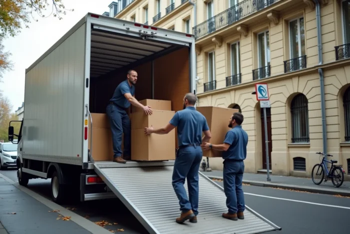 Une équipe de déménageurs professionnels chargeant des meubles et des cartons dans un camion de déménagement dans une rue parisienne