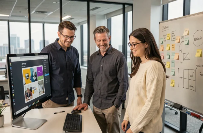 Équipe de designers collaborant autour d'un écran affichant un projet d'identité visuelle dans un bureau agence moderne