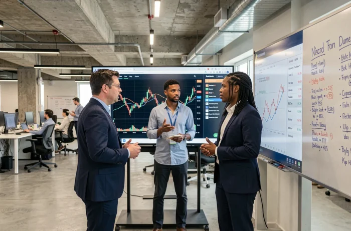 Équipe de professionnels de la finance discutant des performances boursières devant un écran interactif