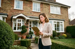 Femme agent immobilier évaluant la façade d'une maison lors d'une estimation immobilière