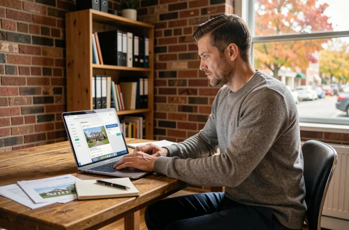 Homme réalisant l'estimation de sa maison en ligne via un site d'évaluation immobilière gratuit
