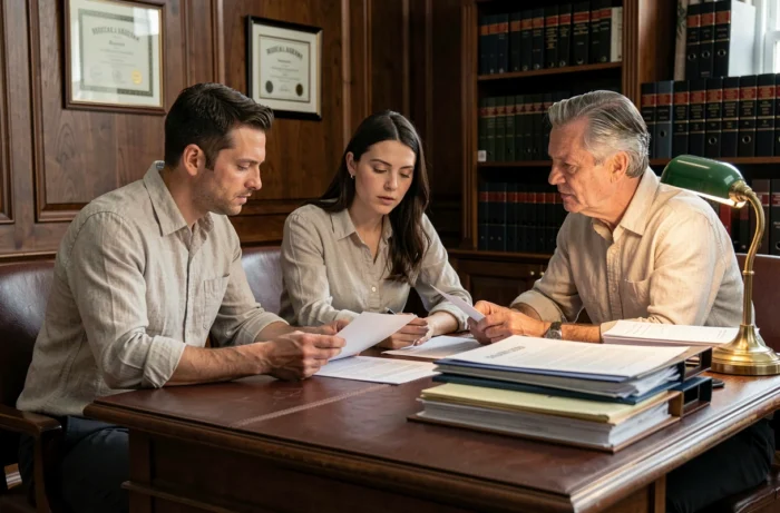 Couple consultant un notaire pour une estimation payante et officielle de leur bien immobilier