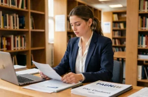 Étudiante consultant son dossier PAE étudiant dans une bibliothèque universitaire moderne